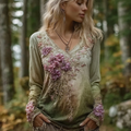 Bohemian Style Forest Style Women's V-neck Cotton And Linen Long-sleeve T-shirt