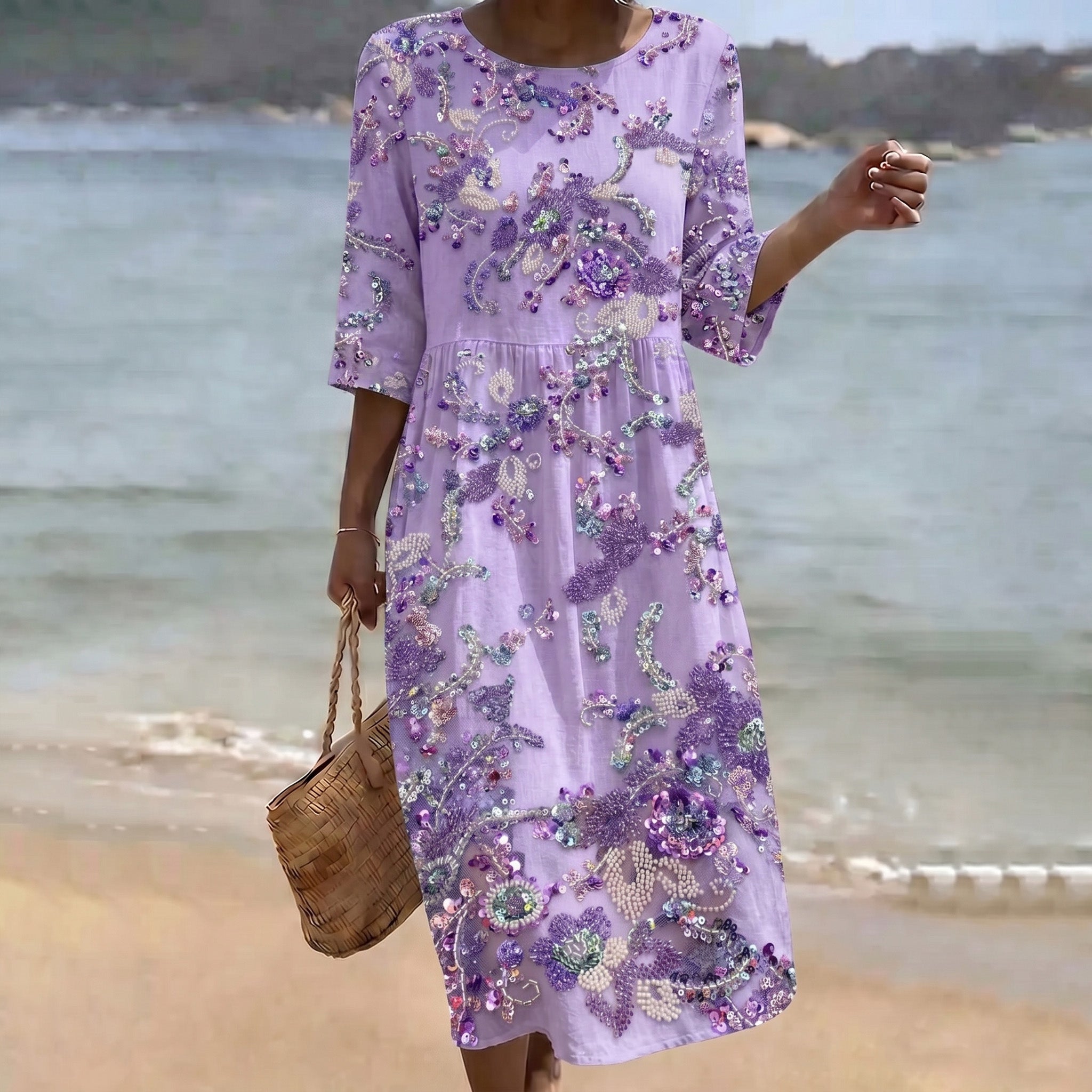 Women's Flower Embroidery Art Crew Neck Midi Dress