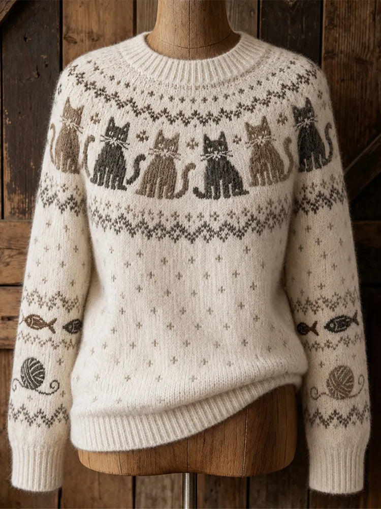 Women's Vintage Cats Yoke Isle Pattern Print Cozy Crew Neck Sweater