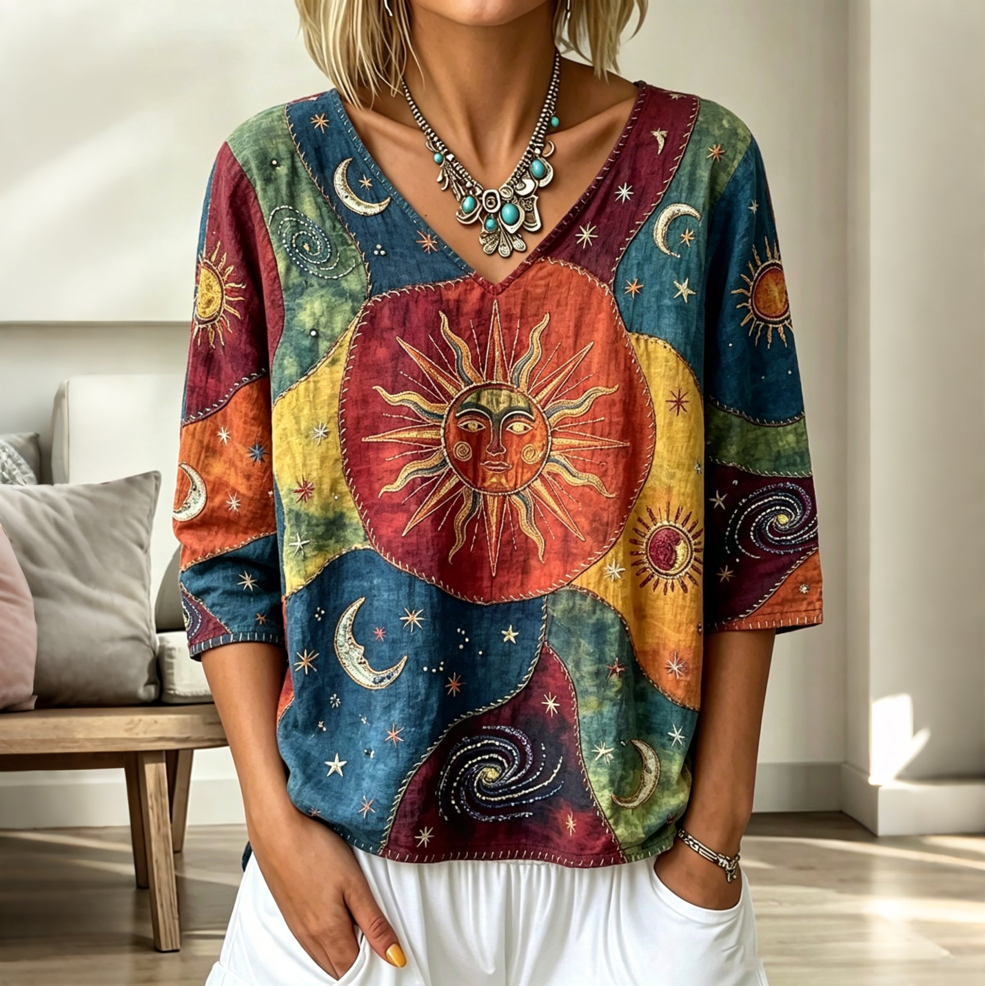Women's Mysterious Hippie Boho Sun Print Linen Blend V-neck Top