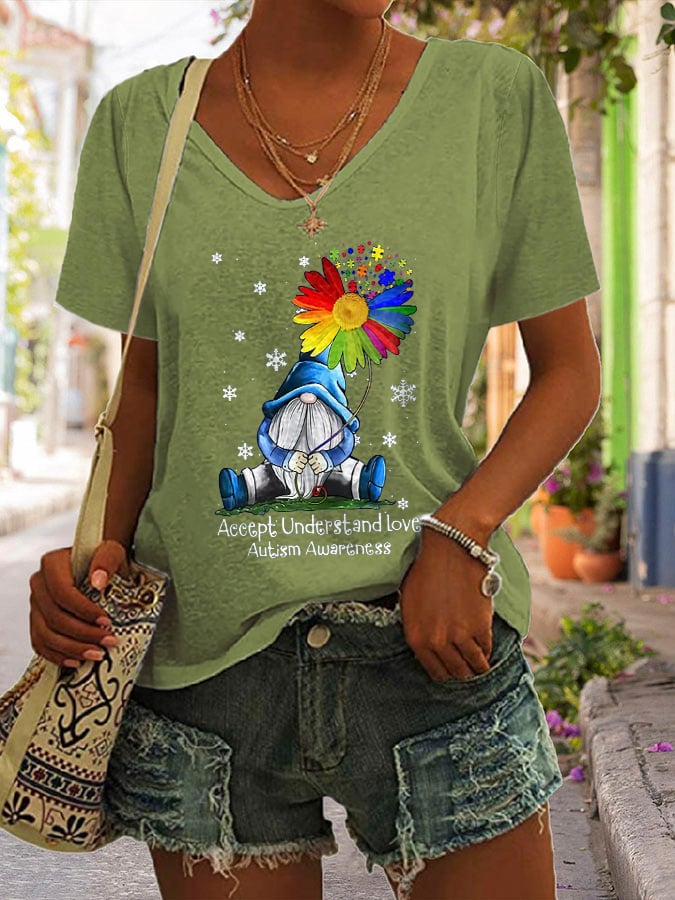 V-neck Gnome Autism Awareness Accept Understand Love Print T-Shirt