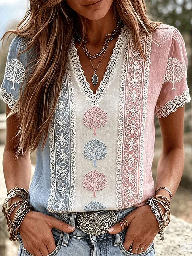 Women's Retro Breast Cancer Floral Print Top