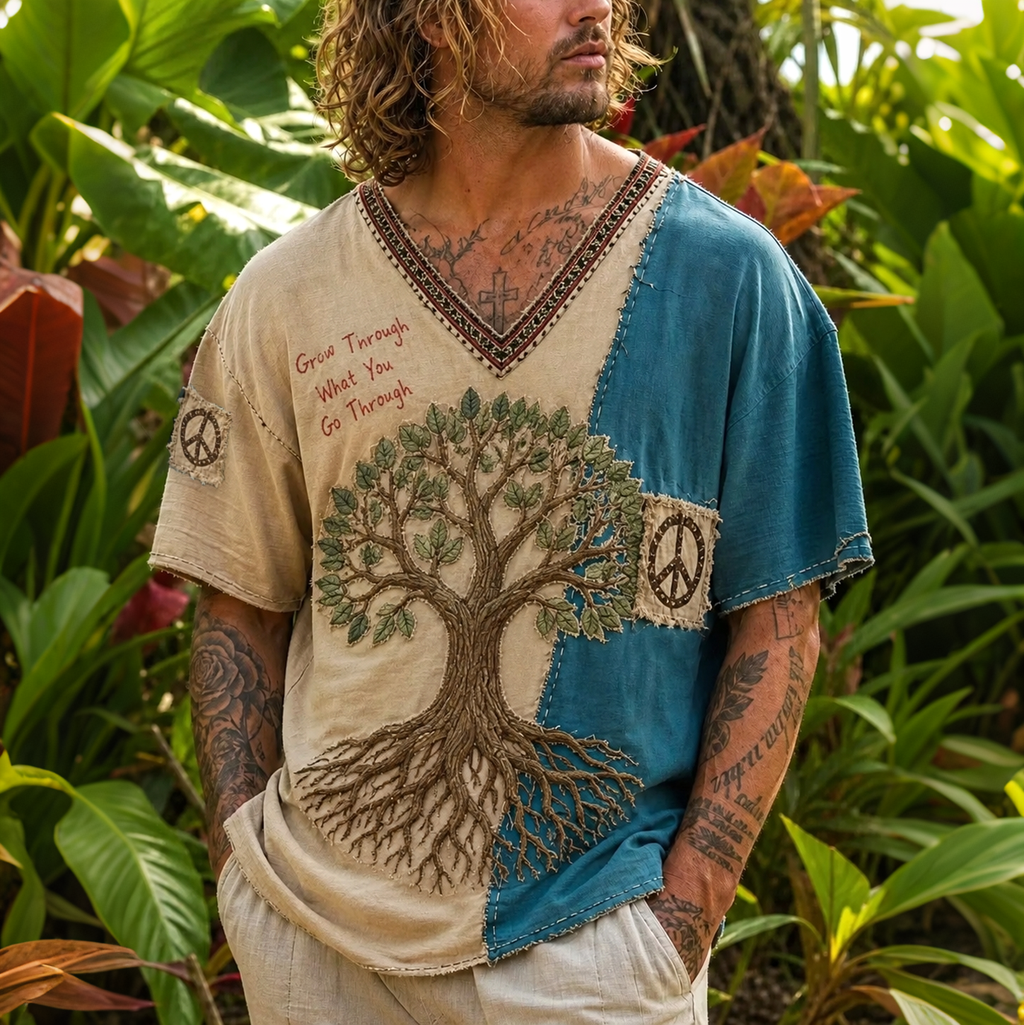 Men's Hippie Grow Through What You Go Through Life Of Tree With Peace Slogan Color-block T-shirt