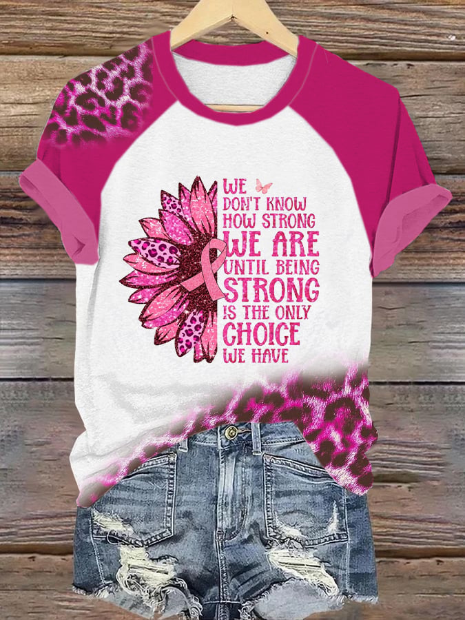 Womens Pink Ribbon Daisy Faith Breast Cancer Awareness Print Crew Neck Raglan Short Sleeve T-Shirt