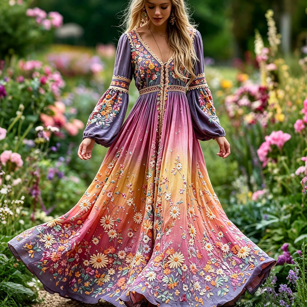 Women's Vintage Floral In Hippie Rainbow Art Print Flowy Linen Blend Long Sleeve Maxi Dress