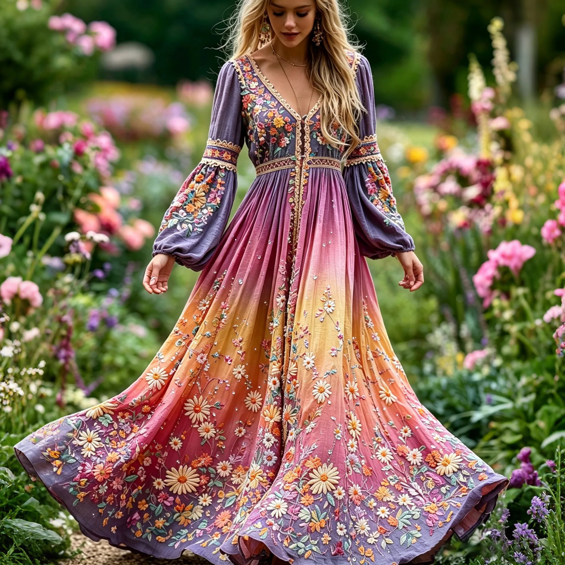Women's Vintage Floral In Hippie Rainbow Art Print Flowy Linen Blend Long Sleeve Maxi Dress