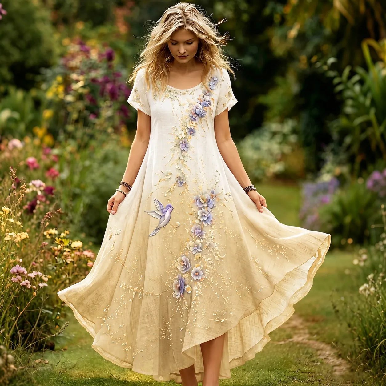 Women's Purple Floral & Hummingbird Print Alzheimer's Awareness Casual Dress