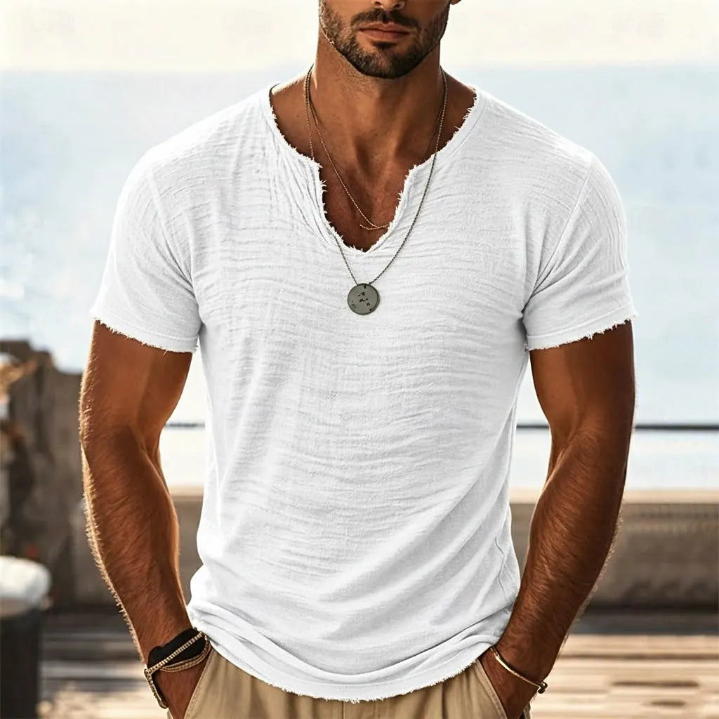 Men's Retro Cotton-Linen Short-Sleeve T-Shirt with Frayed Edges and Unique V-Neck