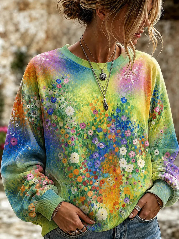 Vintage Fresh Small Floral 3d Printed Colorful Casual Long-sleeved Sweatshirt