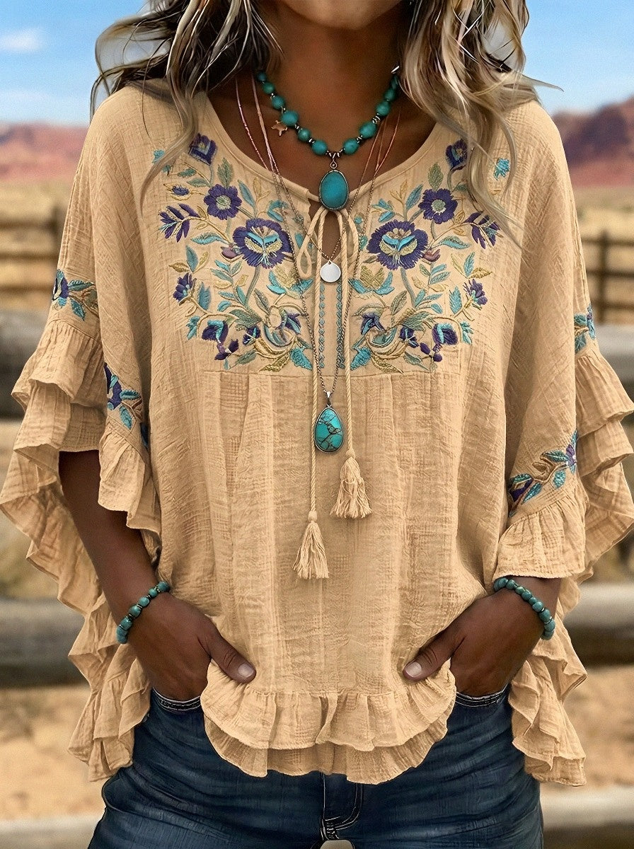 Women's Western Vintage Floral Embroidered Ruffle Sleeve Top