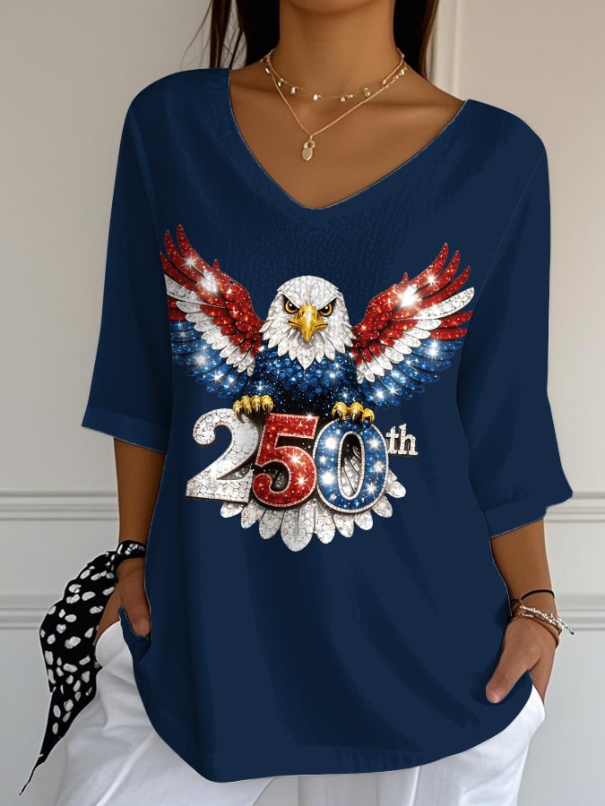 Women'S Casual American 250th Anniversary Print V-Neck T-Shirt