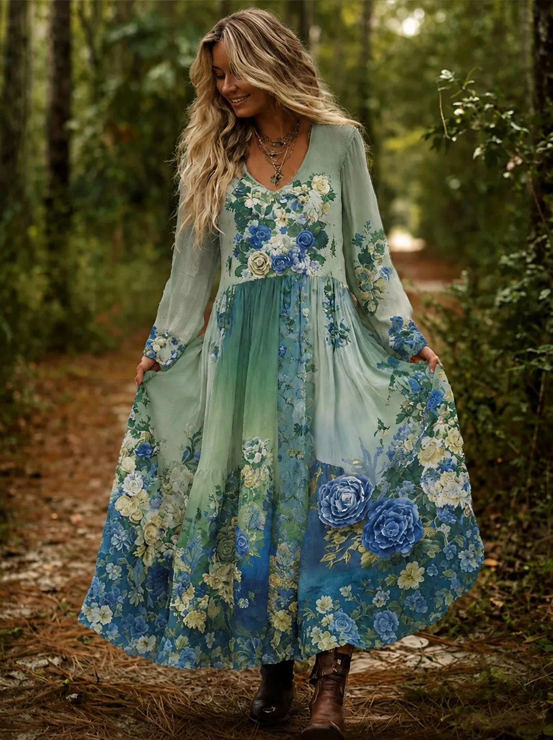 Vintage Classy Gradient Purple Lavender And Floral Embroidered Maxi Dress