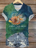 Women's Gulf Of Mexico Print V Neck T-Shirt