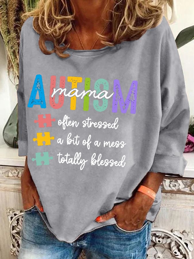 Women's Always Blessed Autism Mama Awareness Print Long Sleeve T-Shirt