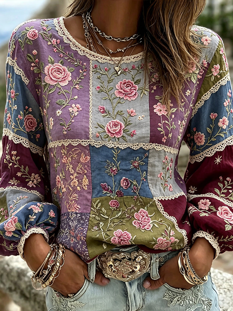 Women's Vintage Pink Floral Art Patchwork Linen Cotton Blend Crew Neck Long Sleeve Top