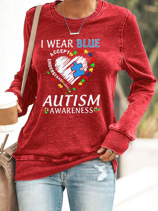 Women's I Wear Blue For Autism Awareness Print Casaul Sweatshirt