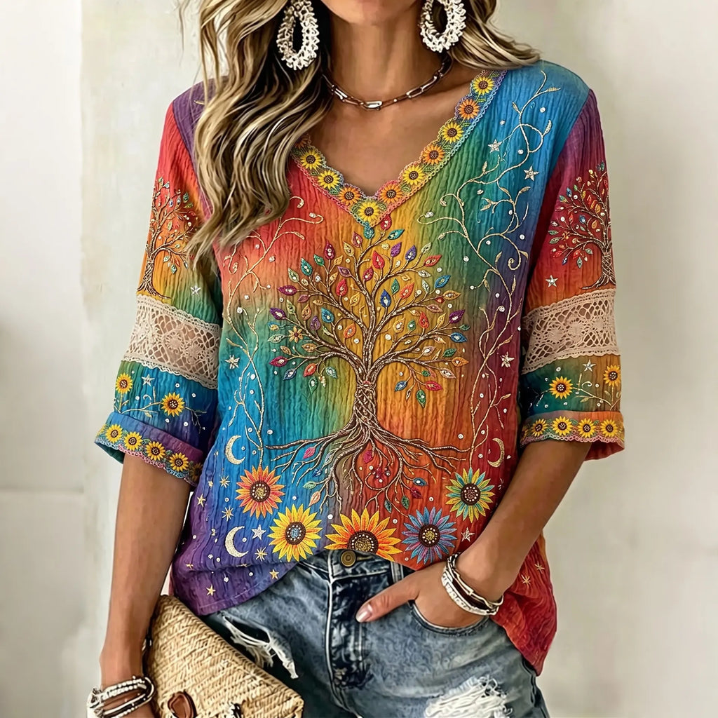 Women's Vintage Sun Moon Tree Of Life Gradient Art Pattern Mid-sleeve T-shirt