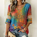 Women's Vintage Sun Moon Tree Of Life Gradient Art Pattern Mid-sleeve T-shirt