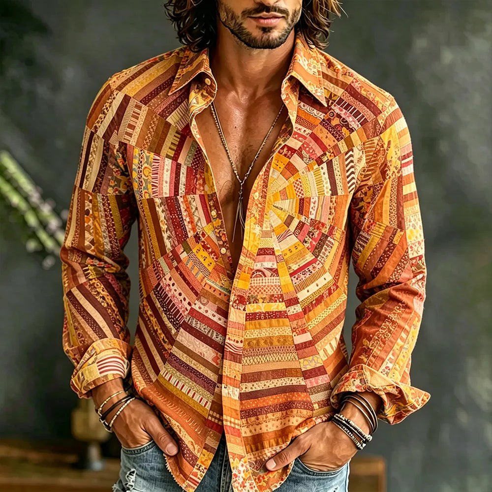 Men's Hippie Style Sun Patchwork Art Long Sleeve Shirt