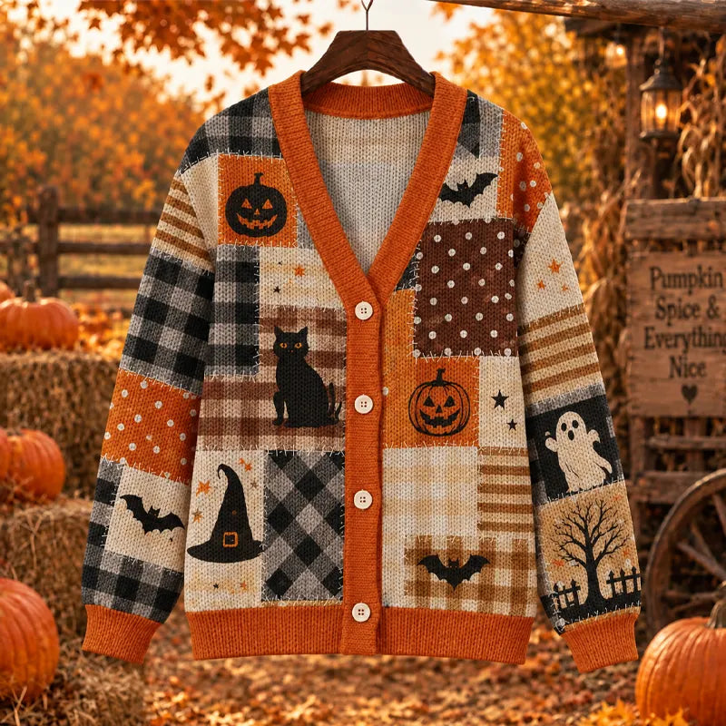 Women's Halloween Element Plaid And Stripe Print Sweater Cardigan