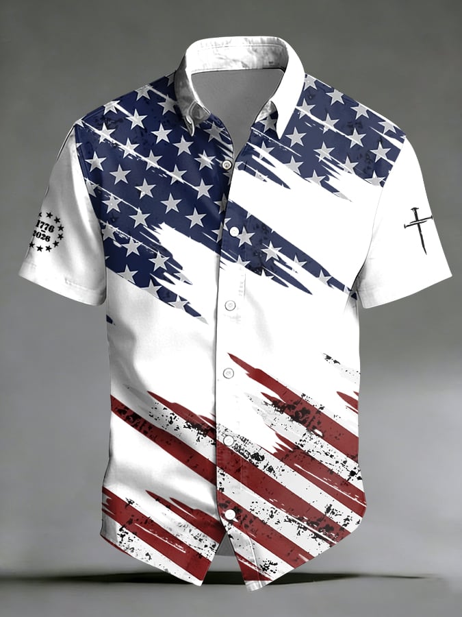 Men's Vintage Flag Print Short-Sleeve Shirt
