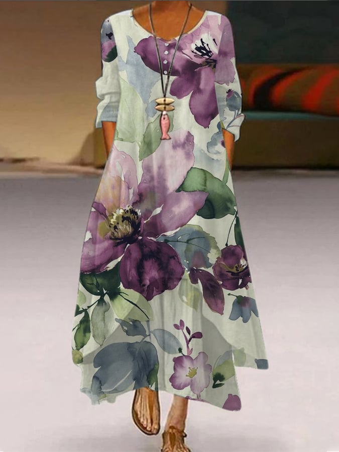 Women's Botanical Floral Design Printed Double Layer Casual Dress