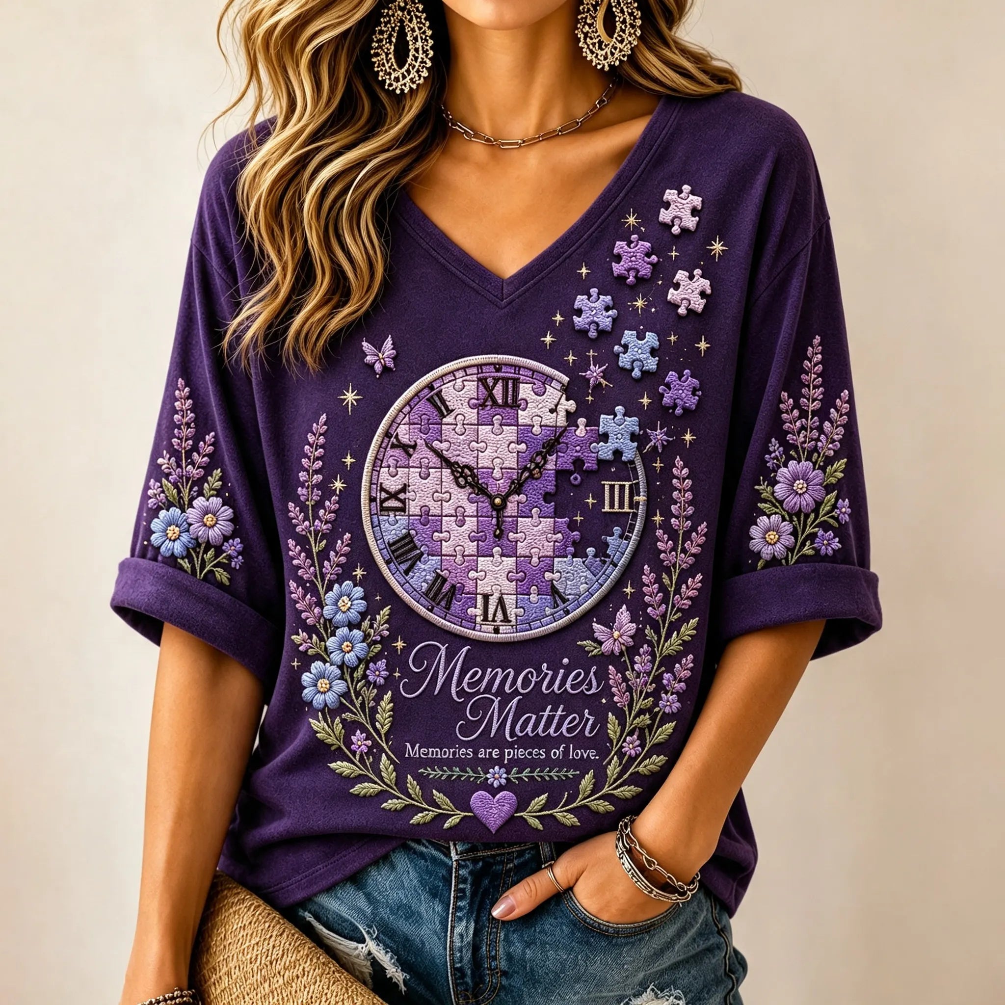 Women's Memory Care Art Clock Fragment Pattern Print Alzheimer's Awareness Support T-shirt