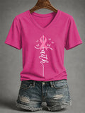 V-Neck Retro Pink Ribbon Butterfly Faith Support Breast Cancer Print T-Shirt