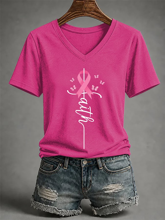 V-Neck Retro Pink Ribbon Butterfly Faith Support Breast Cancer Print T-Shirt