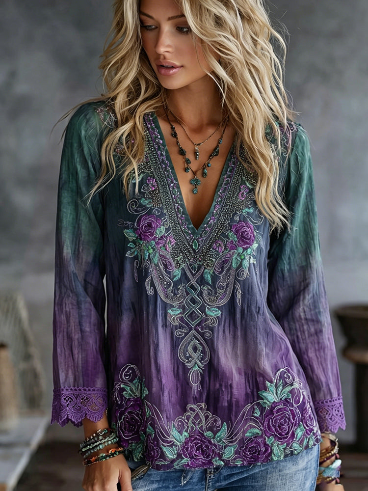 Women's Vintage Celtic Knot Floral Gradient Art Flowy Casual Cotton Linen T-shirt