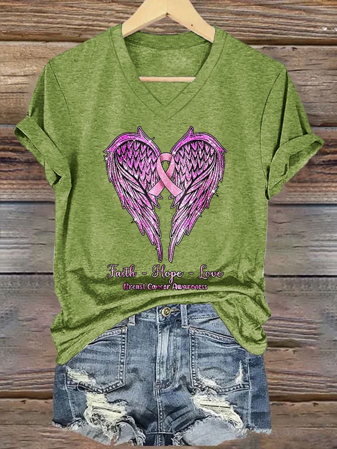Women's Faith-Hope-Love Breast Cancer Awareness Printed Casual V-Neck T-Shirt