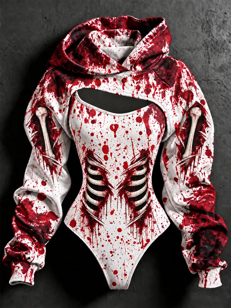 Women's Halloween Blood Stain And Skeleton Print Hoodie Two-piece Set
