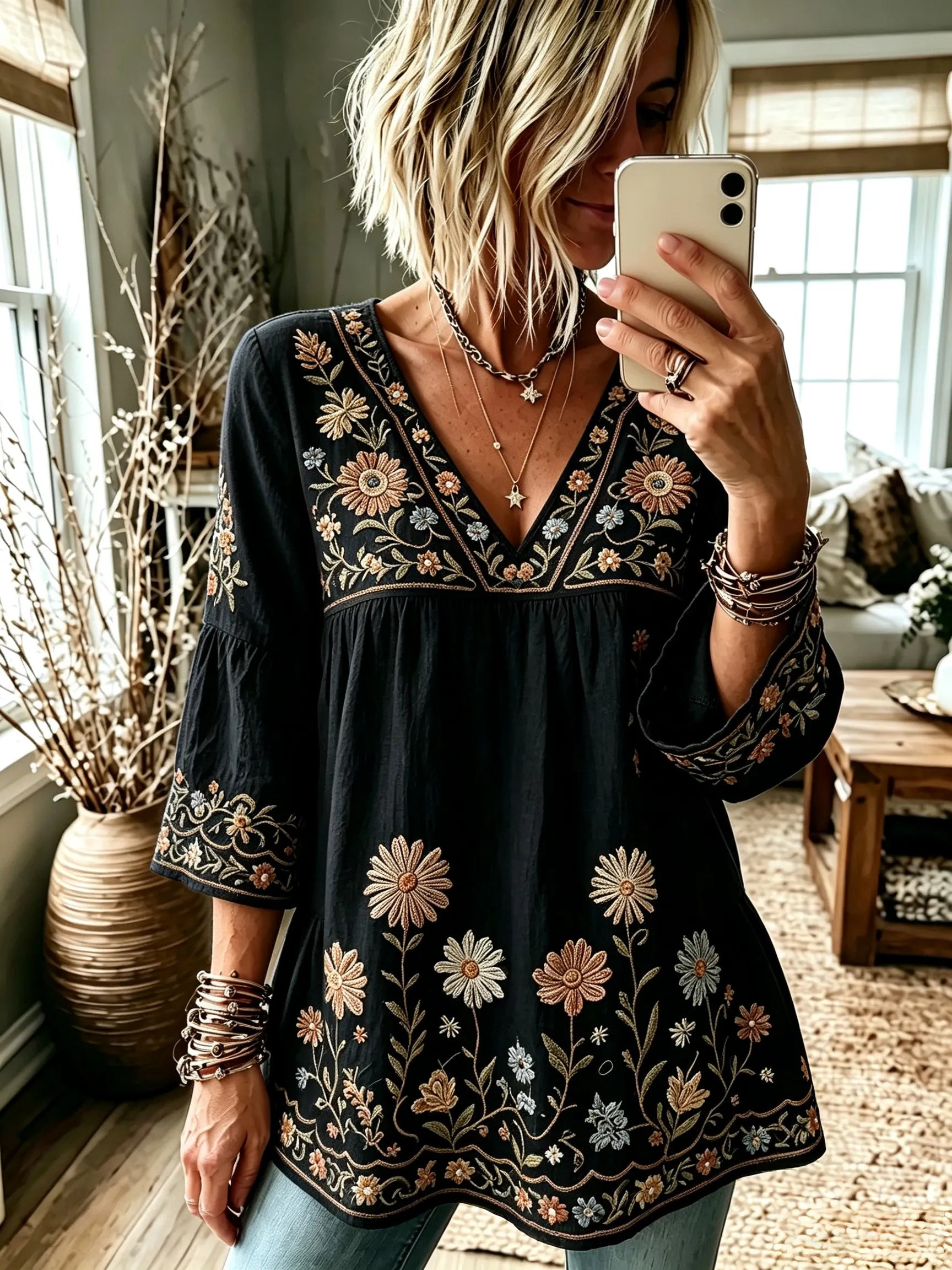 Women's Retro Hippie Floral And Dragonfly Art Flowy Linen Blend Three Quarter Sleeves T-shirt