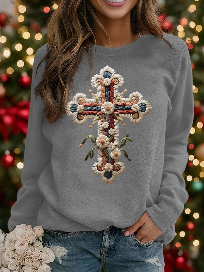 Women's Embroidered Cross Art Print Crew Neck Sweatshirt
