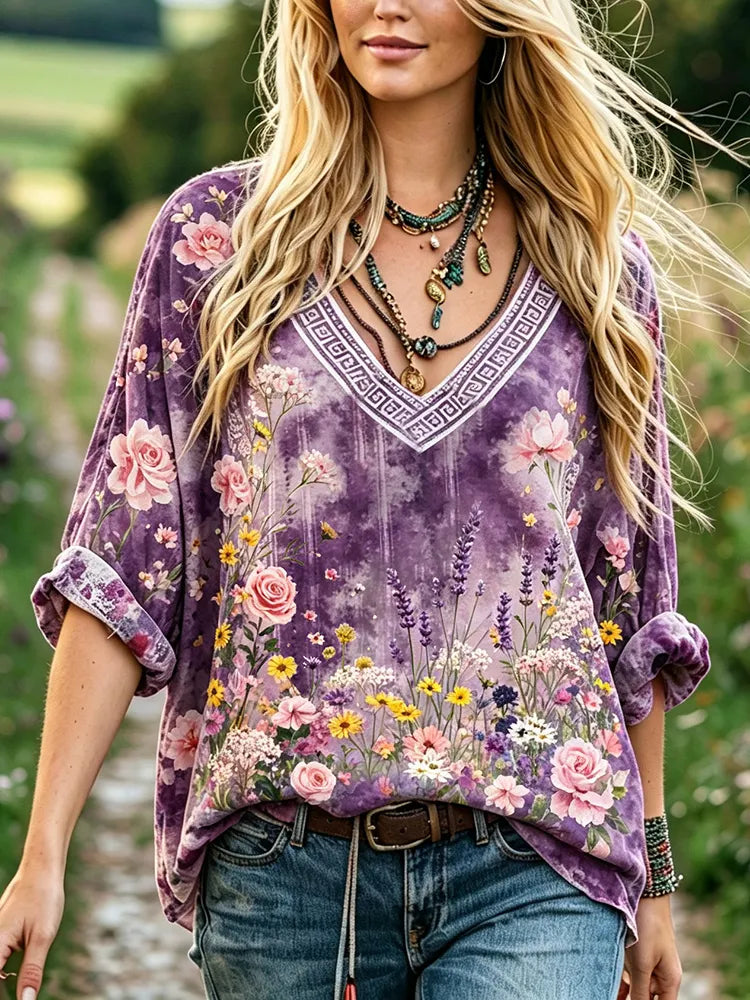 Women's Retro Floral V-neck Cotton Linen Top