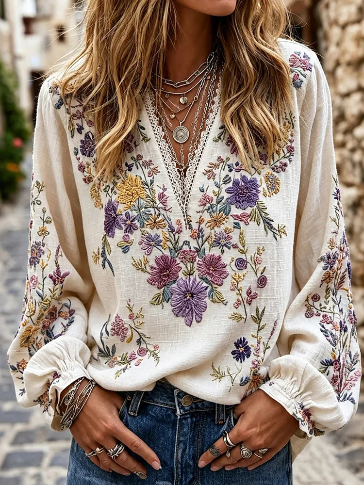 Women's Vintage Boho Floral Lace Art Cotton Linen Casual T-shirt