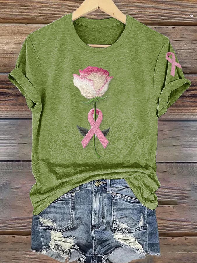 Women's Pink Breast Cancer Floral Print T-Shirt