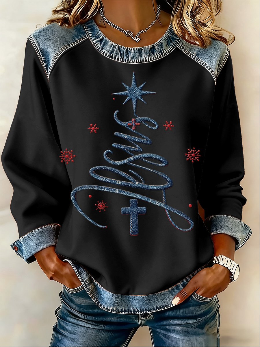 Women's Casual Retro Faith Christmas Tree Sweatshirt