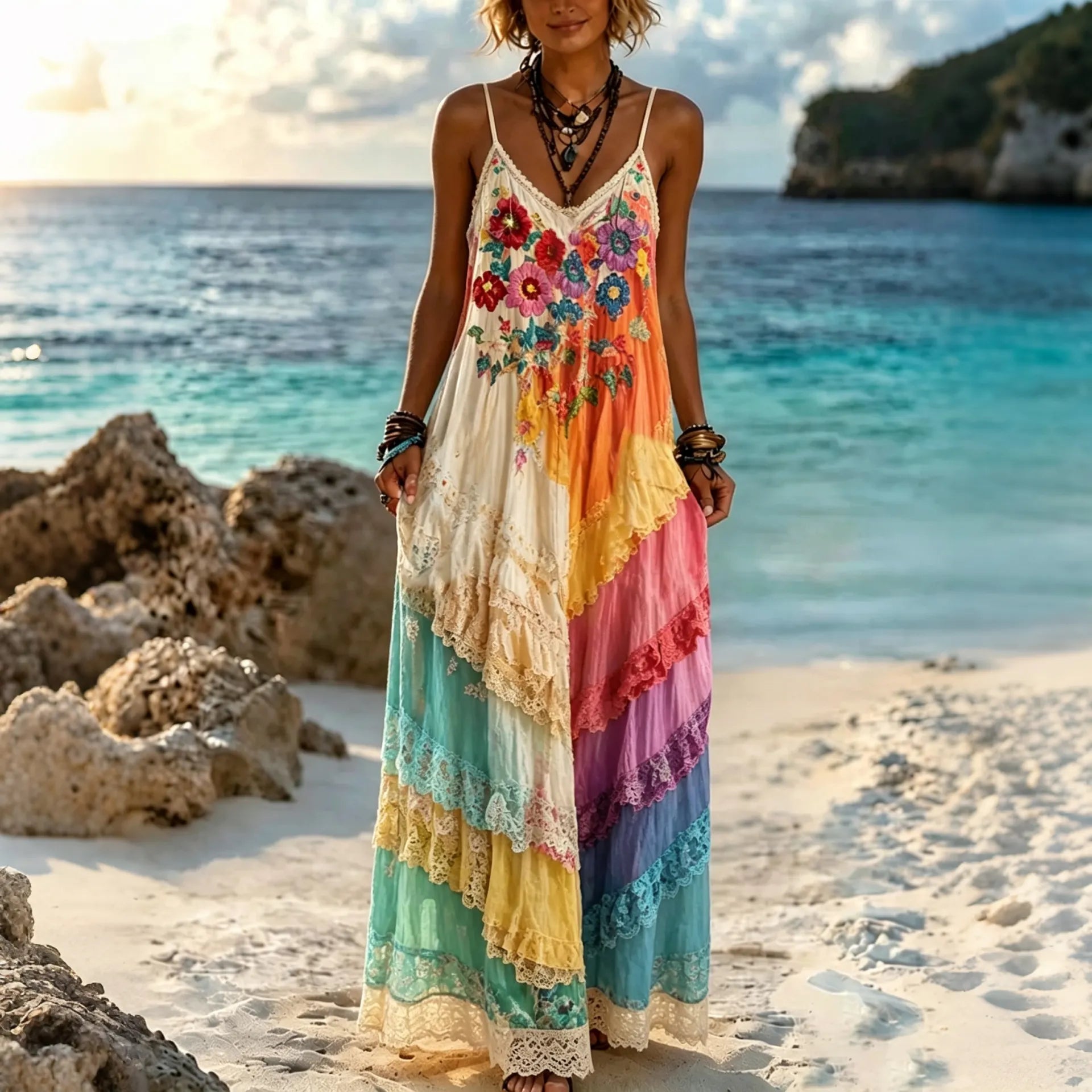 Women's Bohemian Japanese Bamboo Leaf And Calligraphy Art Sundress