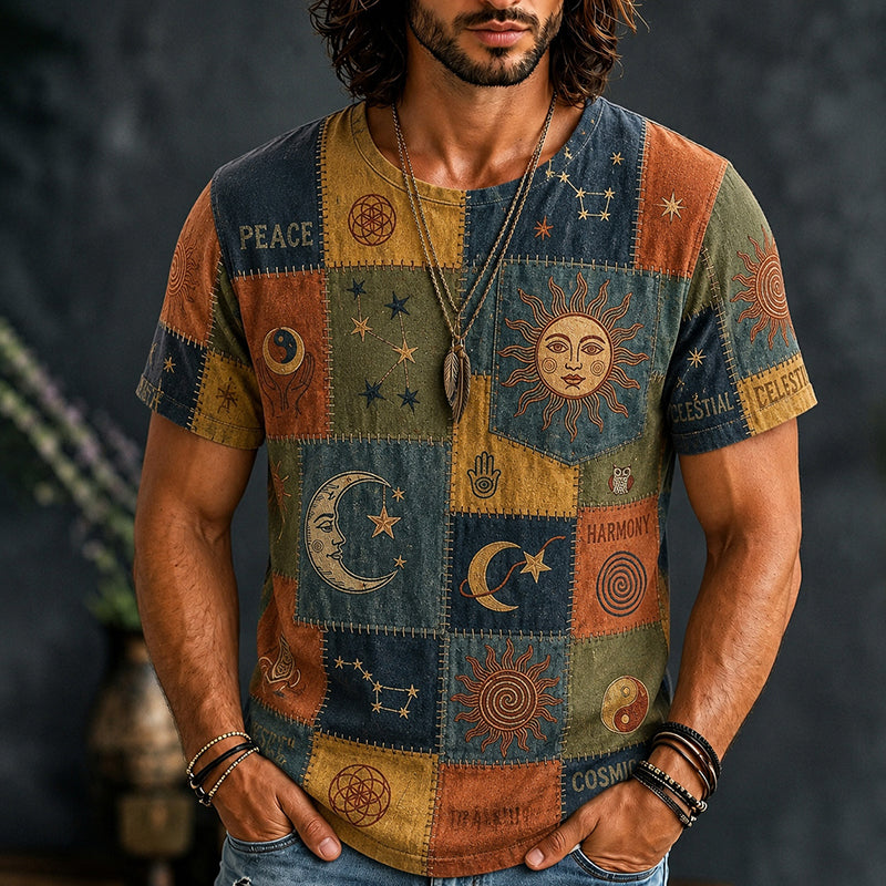 Men's Hippie Sun Moon Geometric Patchwork Print Short Sleeve T-shirt