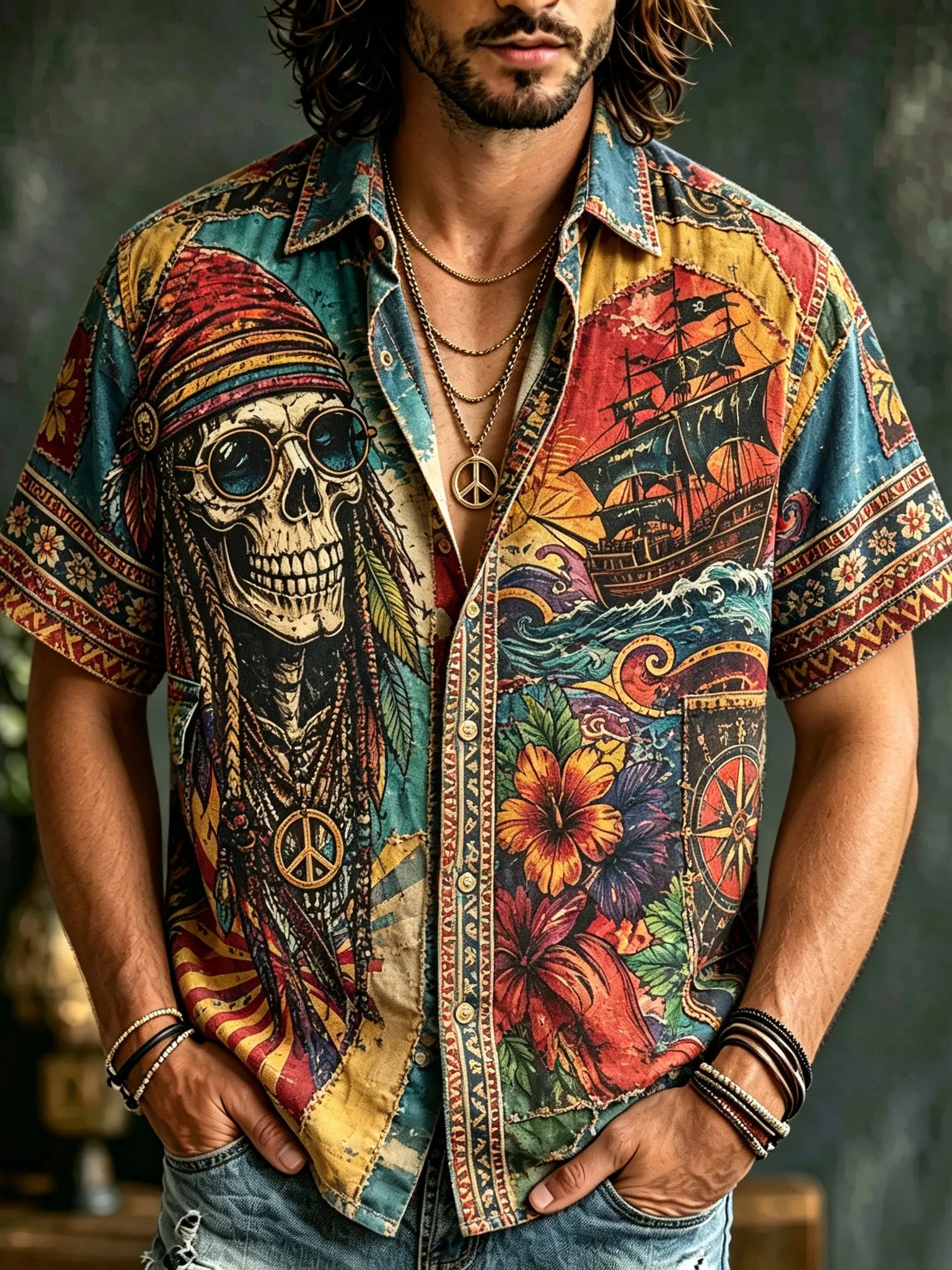 Men's Retro Color Block Nautical Skull Hippie Floral Short-sleeve Shirt