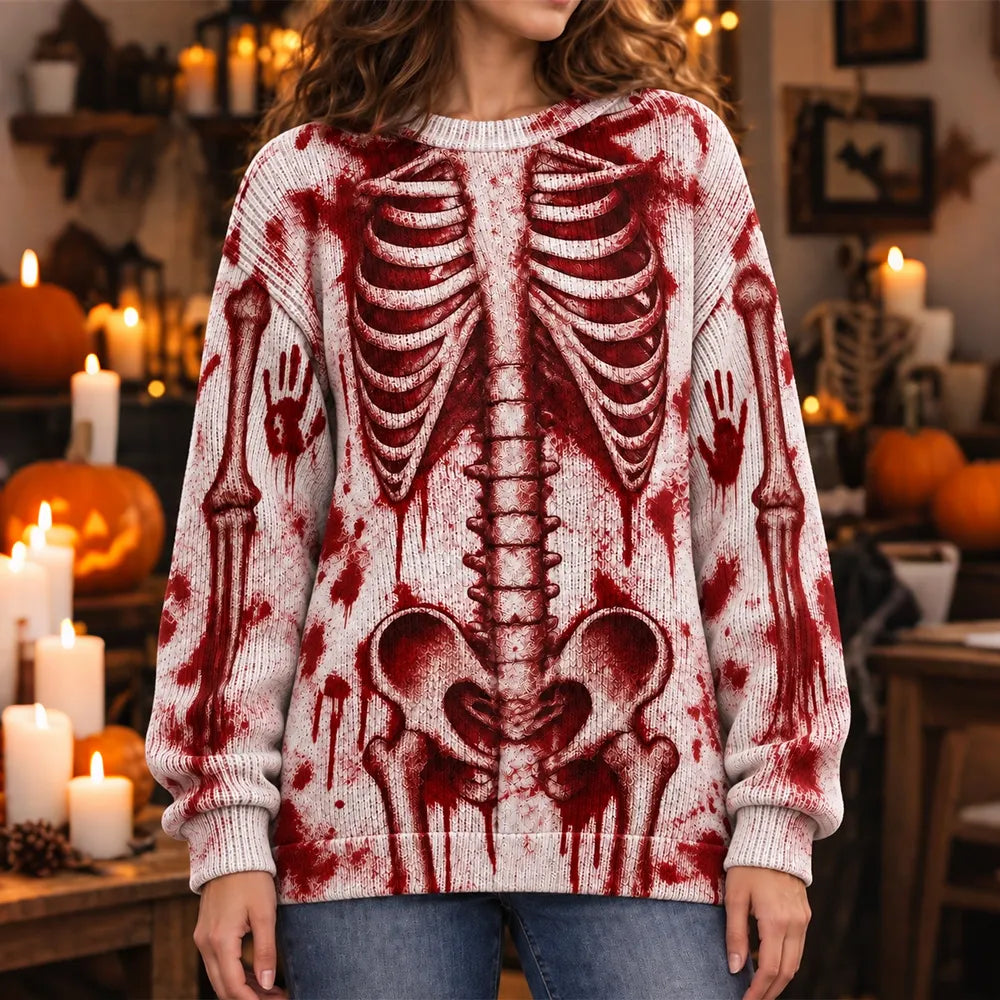 Women's Halloween Vintage Blood-stained Human Skeleton Art Knit Sweater