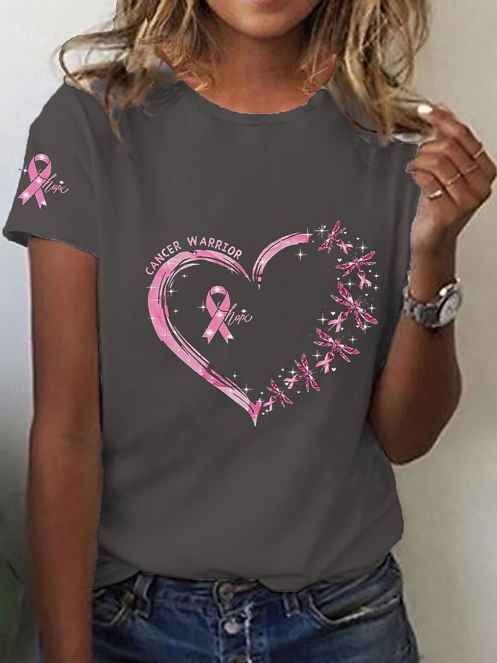 Women's Pink Ribbon Breast Cancer Awareness Print T-Shirt