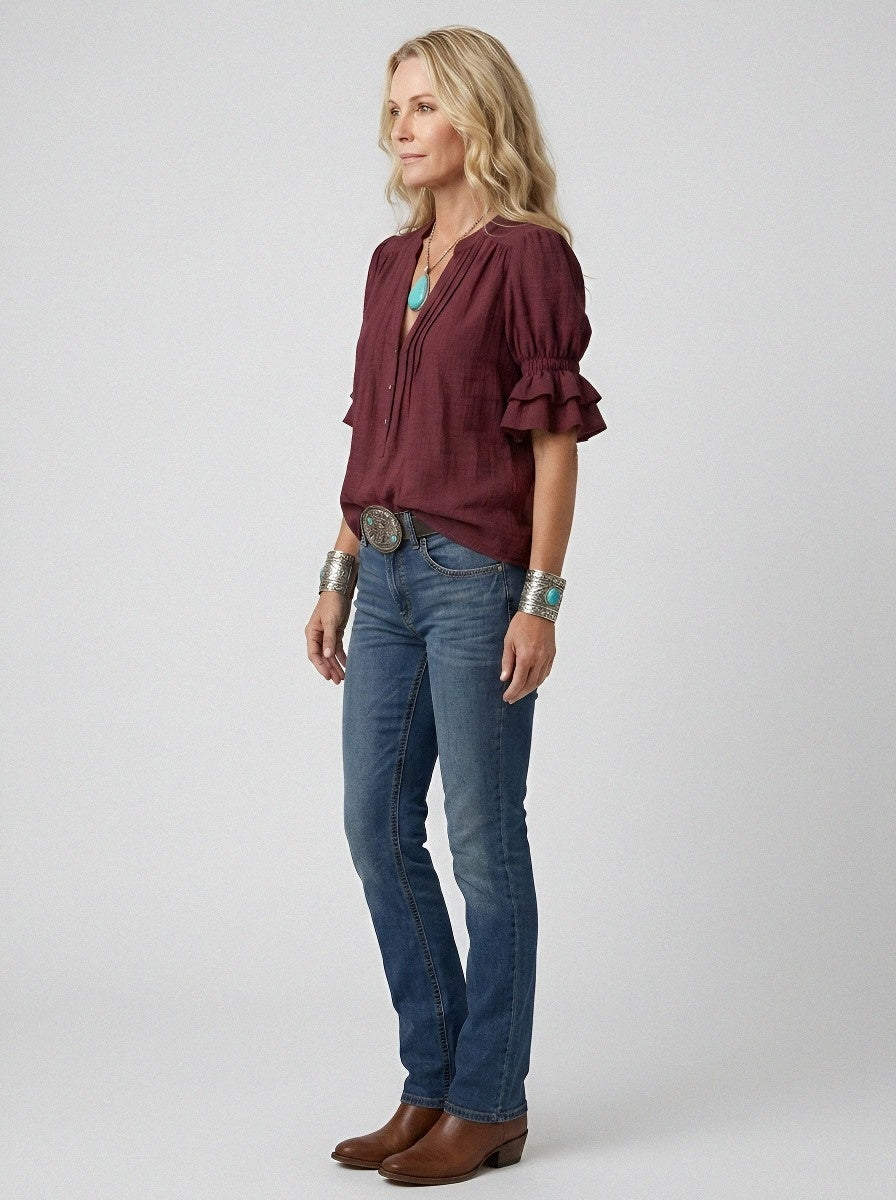Women's Western Vintage Style Ruffled Sleeve Button-Down Top