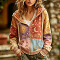 Women's Vintage Hippie Sun Moon Stars Art Patchwork Hoodie