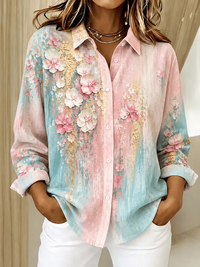 Women's Pink Floral Print Casual Collared Shirt
