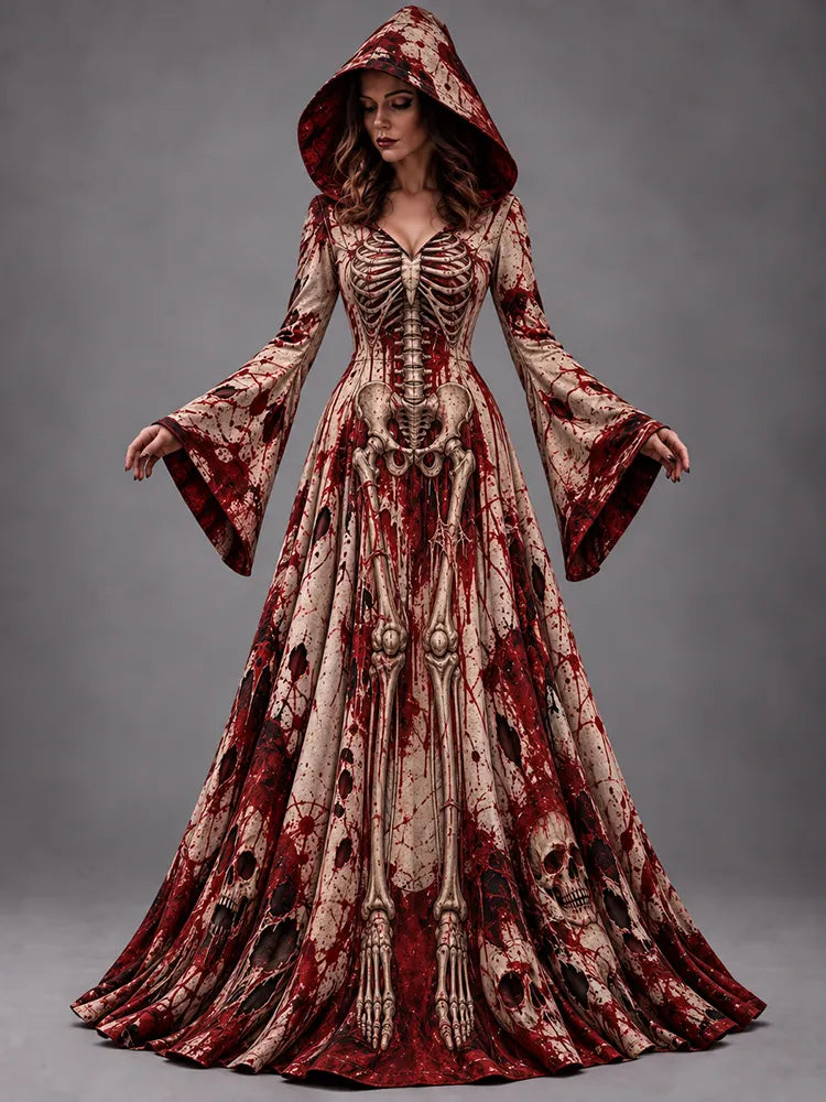 Women's Halloween Vintage Blood-stained Human Skeleton Art Long-sleeve Hooded Long Dress