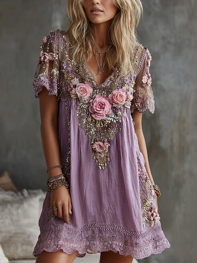 Women's Vintage Roses Art Print Flowy Linen Blend Casual Short Sleeve Mini Dress