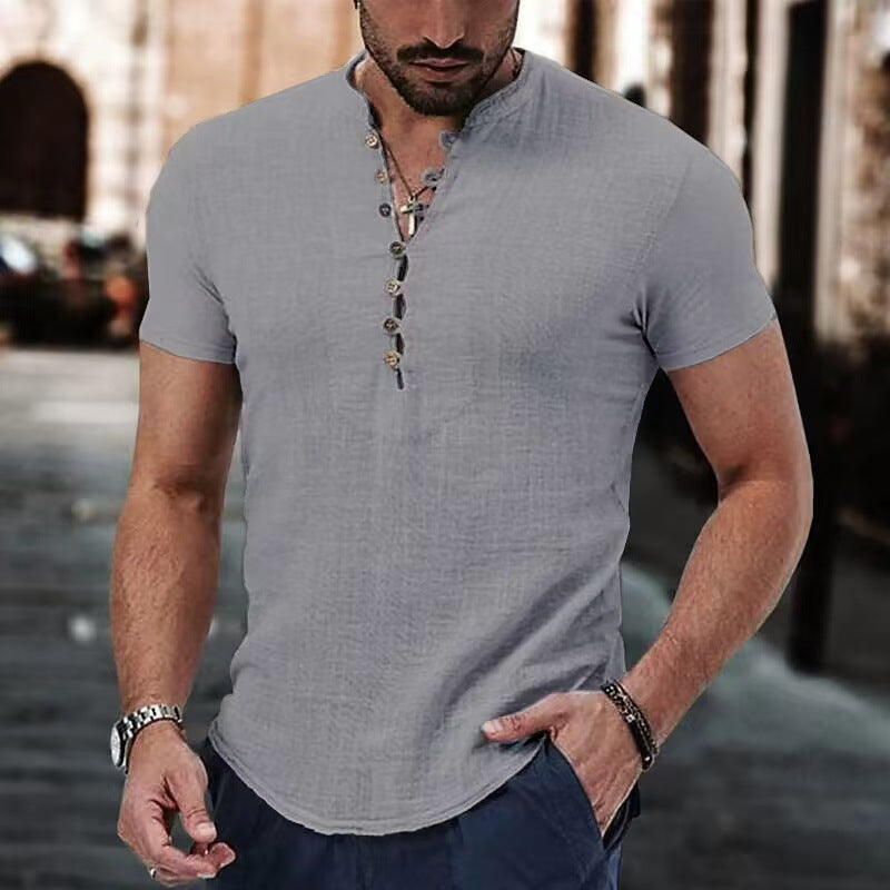 Men's Linen Short Sleeve Henley  T-Shirt