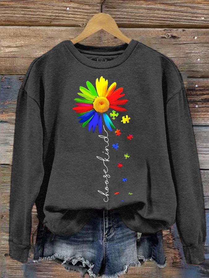 Women's Autism Awareness Choose Kind Sunflower Print Sweatshirt
